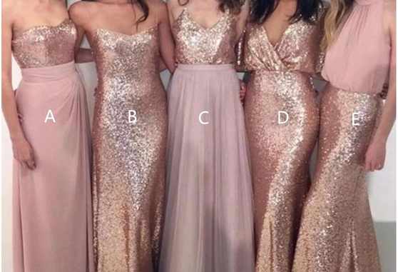Sparkly Rose Gold Long Bridesmaid Dresses