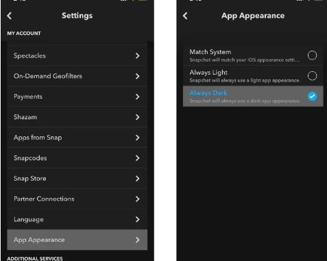 how to get dark mode on snapchat without app appearance